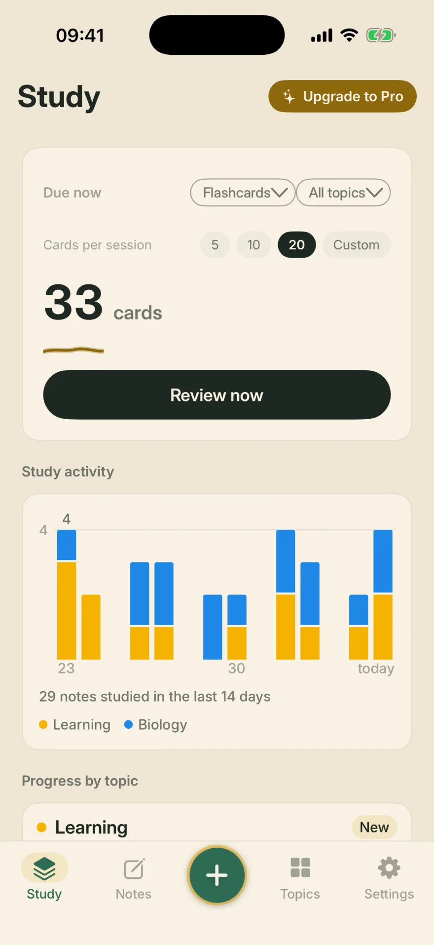 The Study dashboard on the warm page theme: Due now, 33 cards, a Review now button, and a 14-day activity chart with Learning in yellow and Biology in blue stacked day by day, under the line 29 notes studied in the last 14 days.