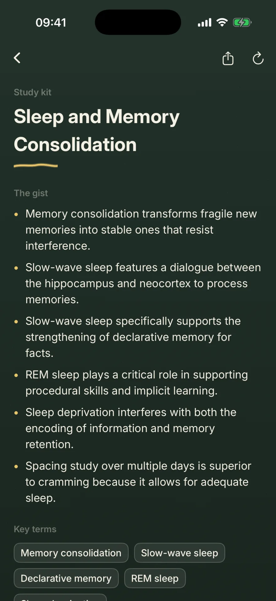 A study kit on the blackboard theme: the title Sleep and Memory Consolidation under a yellow chalk underline, The gist as six bullet points, and Key terms as chips reading Memory consolidation, Slow-wave sleep, Declarative memory and REM sleep.