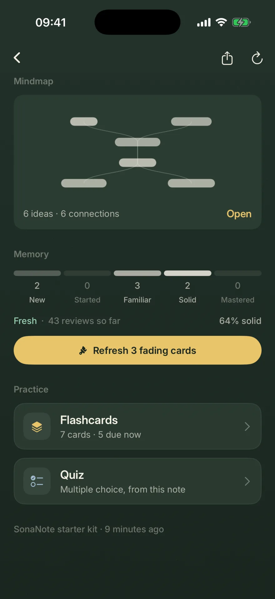 Further down the same kit: a mindmap thumbnail reading 6 ideas, 6 connections, then Memory with five stages — 2 New, 0 Started, 3 Familiar, 2 Solid, 0 Mastered — the line Fresh, 43 reviews so far, 64 per cent solid, a yellow Refresh 3 fading cards button, and Practice rows for Flashcards and Quiz.