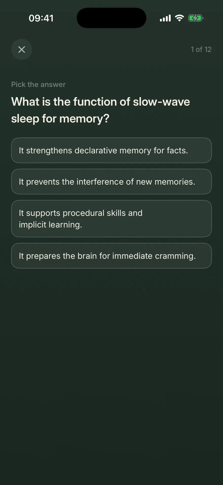 Question 1 of 12 on the blackboard: what is the function of slow-wave sleep for memory, with four answers to pick from — it strengthens declarative memory for facts, it prevents the interference of new memories, it supports procedural skills and implicit learning, it prepares the brain for immediate cramming.