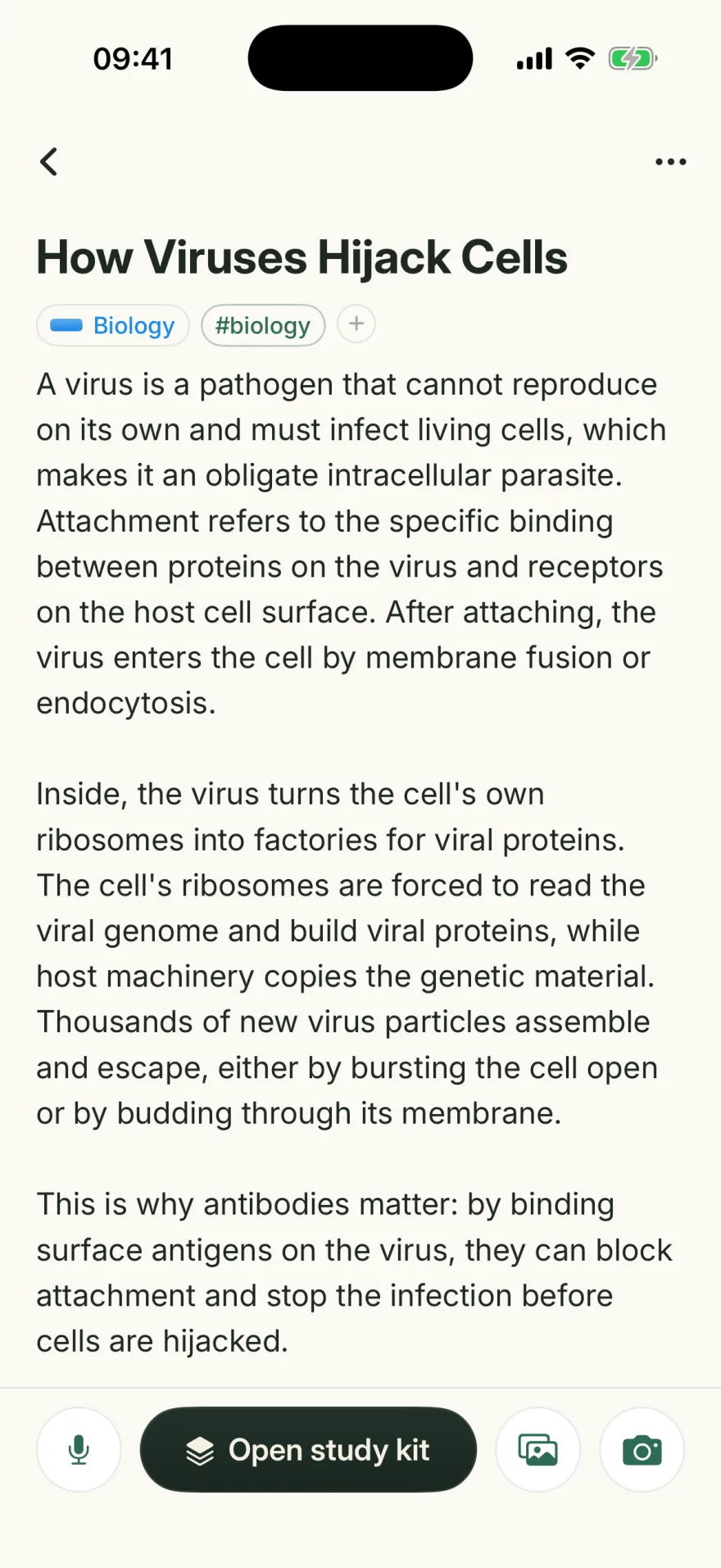 The SonaNote editor on the warm page theme: a note titled How Viruses Hijack Cells with a Biology topic chip, three paragraphs of prose, and a bottom bar holding a microphone, an Open study kit button, an image button and a camera.