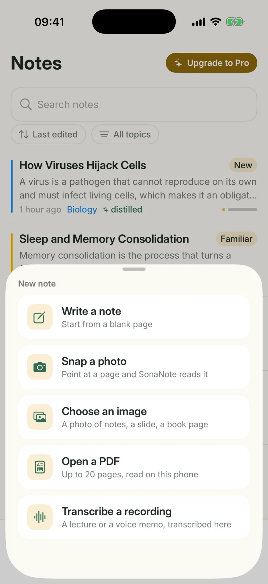 The New note sheet open over the notes list, offering five ways to start: Write a note, Snap a photo, Choose an image, Open a PDF, and Transcribe a recording.